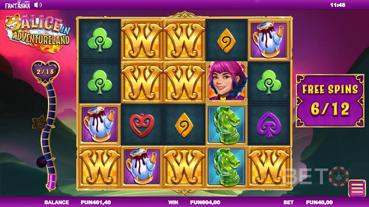 Выигрышные комбинации в бесплатных спинах слота Alice in Adventureland