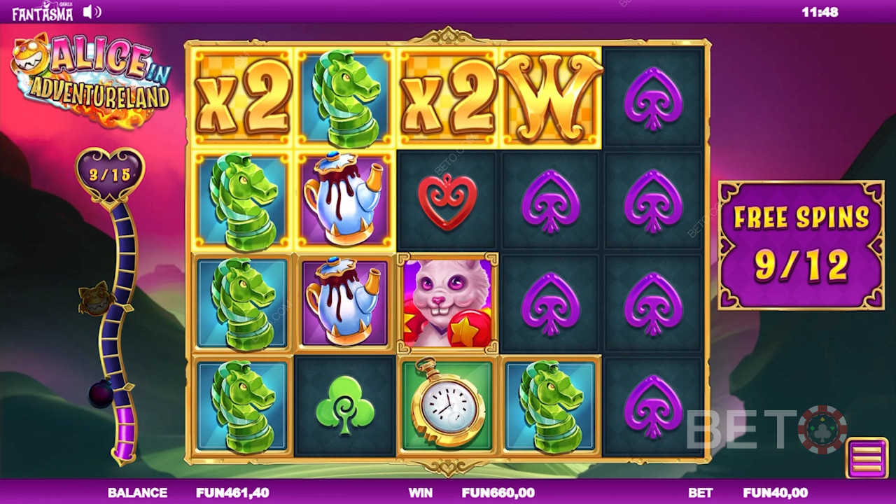 Функции слота Alice in Adventureland: бесплатные спины, Rocketkat, Ultrabomb