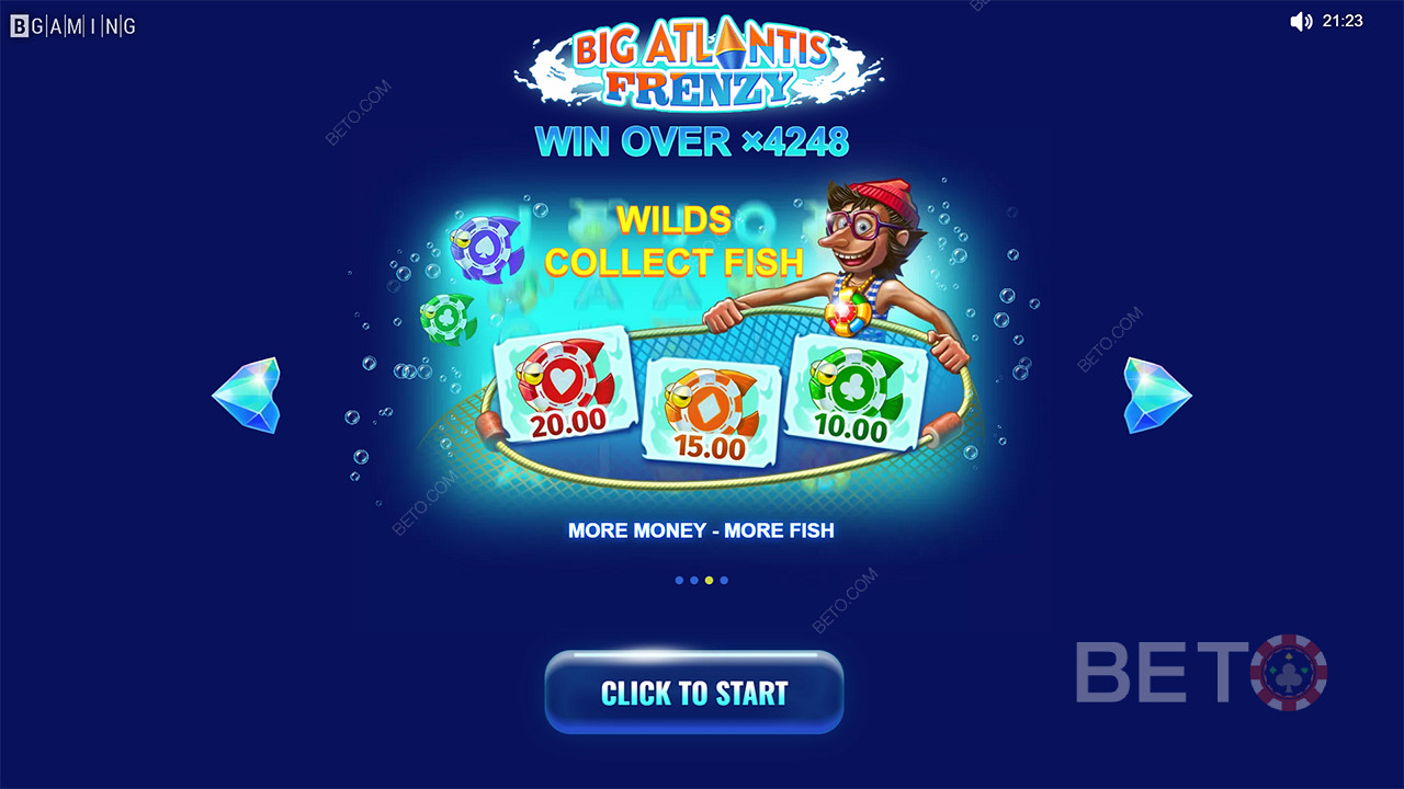 Дикие символы собирают символы рыб и награждают выигрышами в слоте Big Atlantis Frenzy