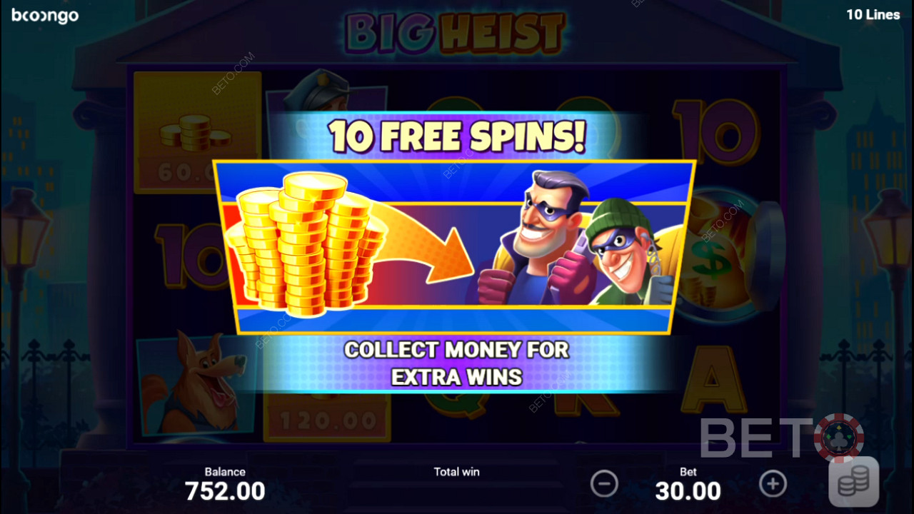 Высадите 3 символа Scatter, чтобы активировать функцию Free Spins и заработать 10 дополнительных бесплатных вращений