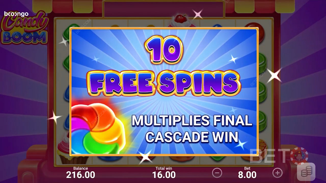 Выигрыш призовых бесплатных вращений в Candy Boom
