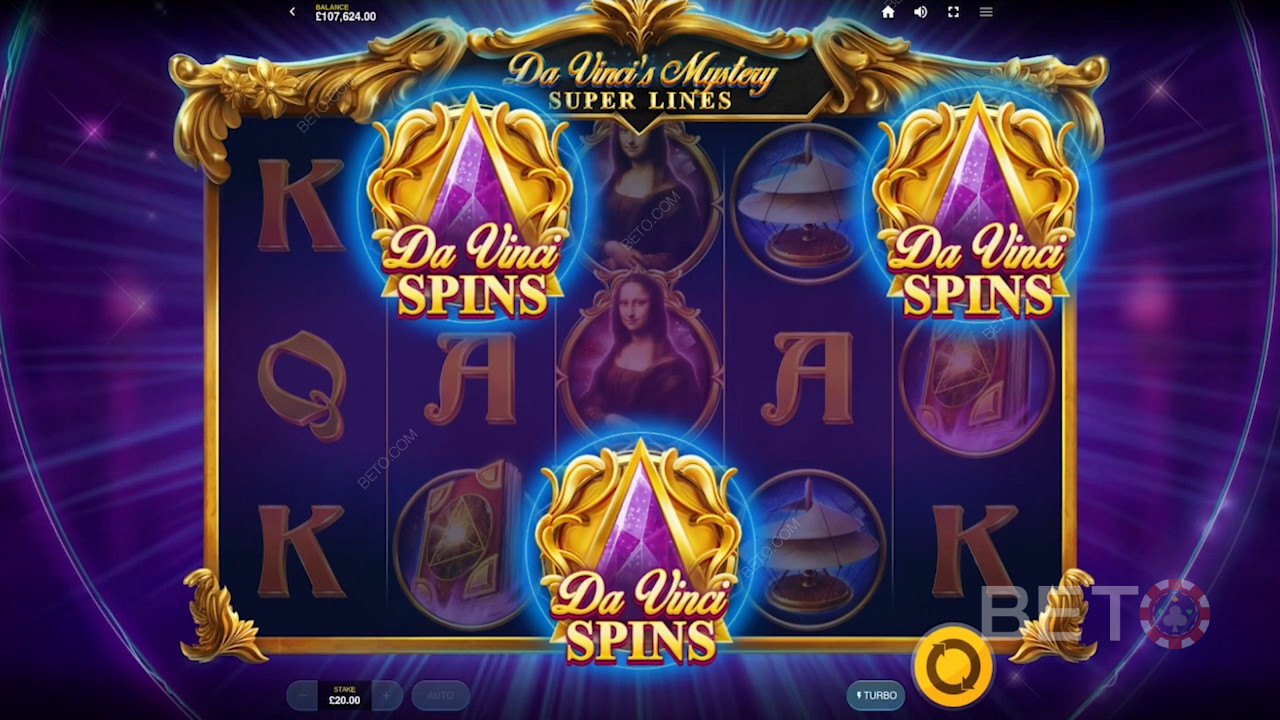 При 3+ Scatter запускается раунд Da Vinci Spins для бесплатных вращений