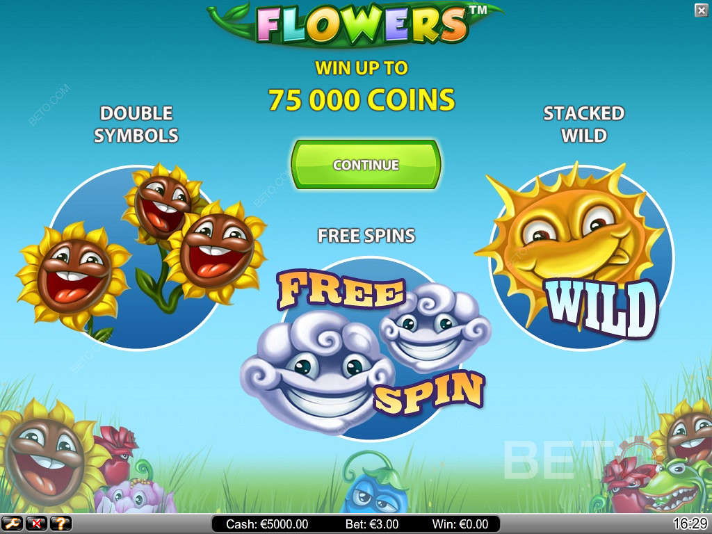 Приветственный экран видеослота Flowers
