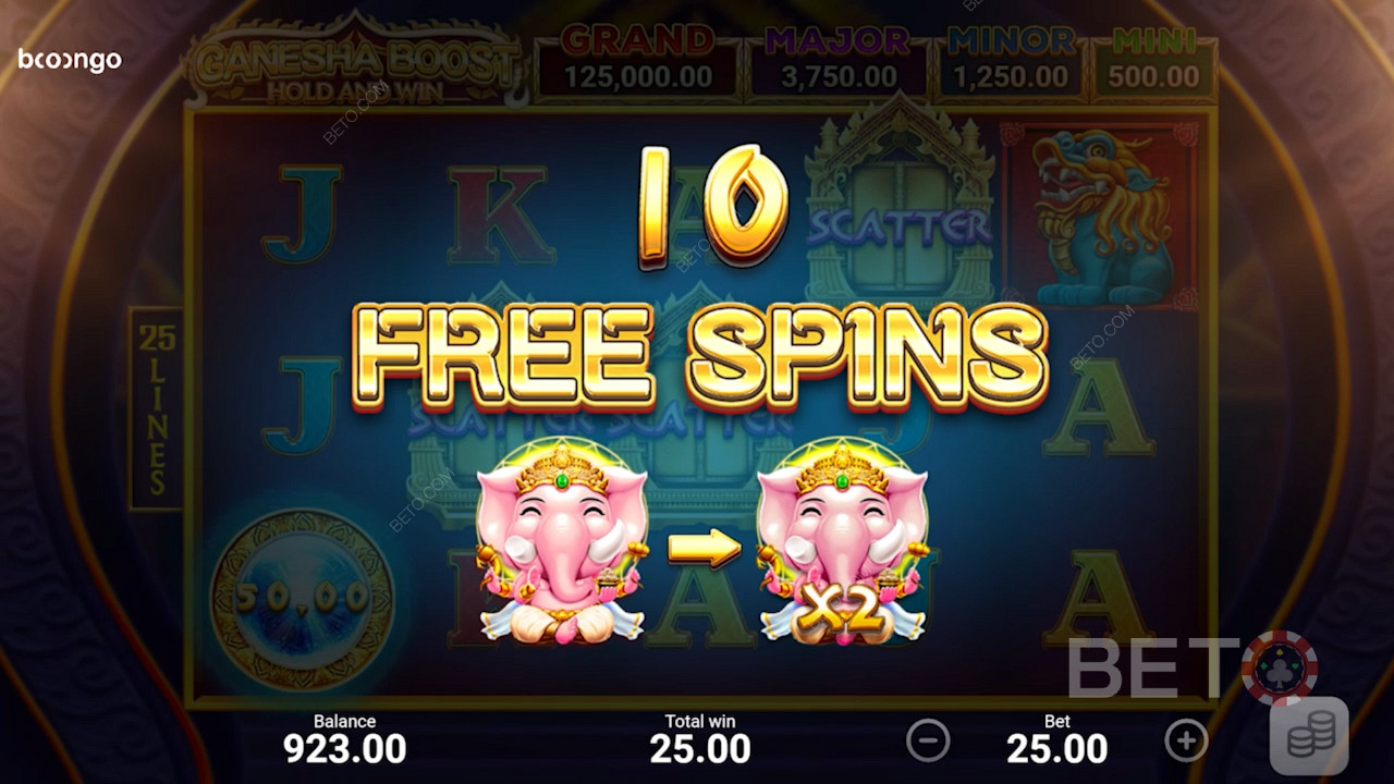 10 бесплатных вращений за 3 скаттера в слоте Ganesha Boost Hold and Win