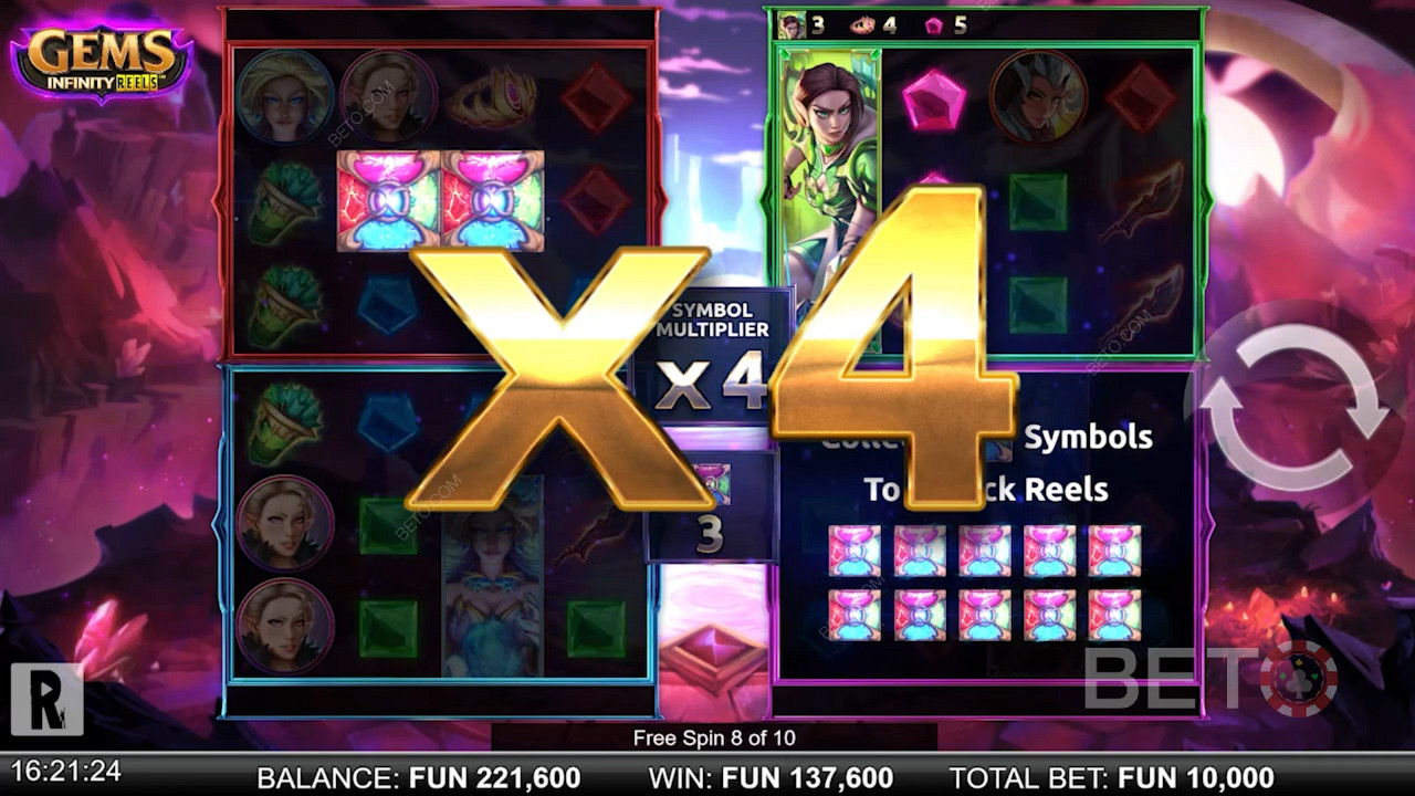 Режим бесплатных вращений и бонус Utility Bonus в Gems Infinity Reels